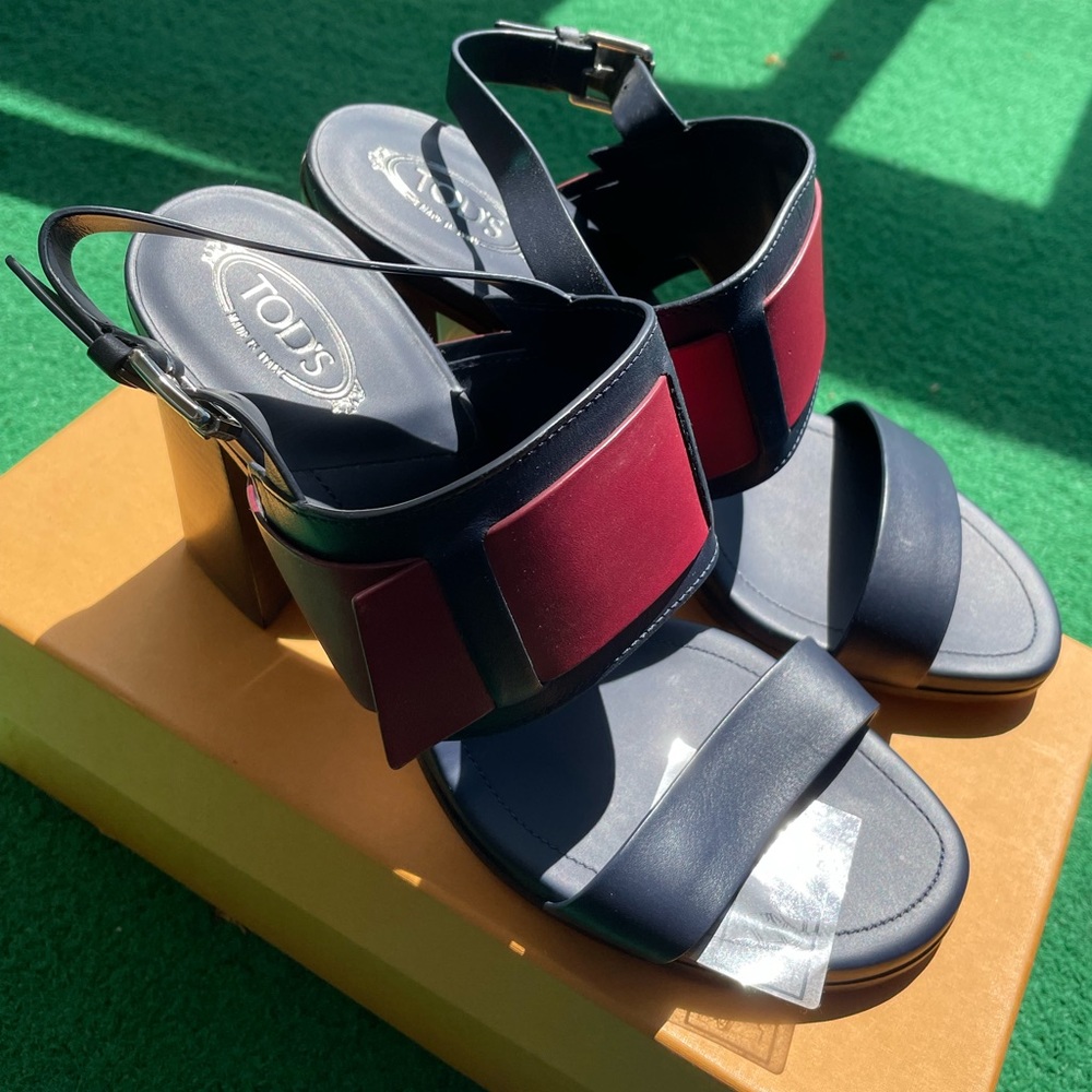 TOD’S Women’s Navy Blue+Burgundy Block Heel Sandals Size 38.5 Brand New $725